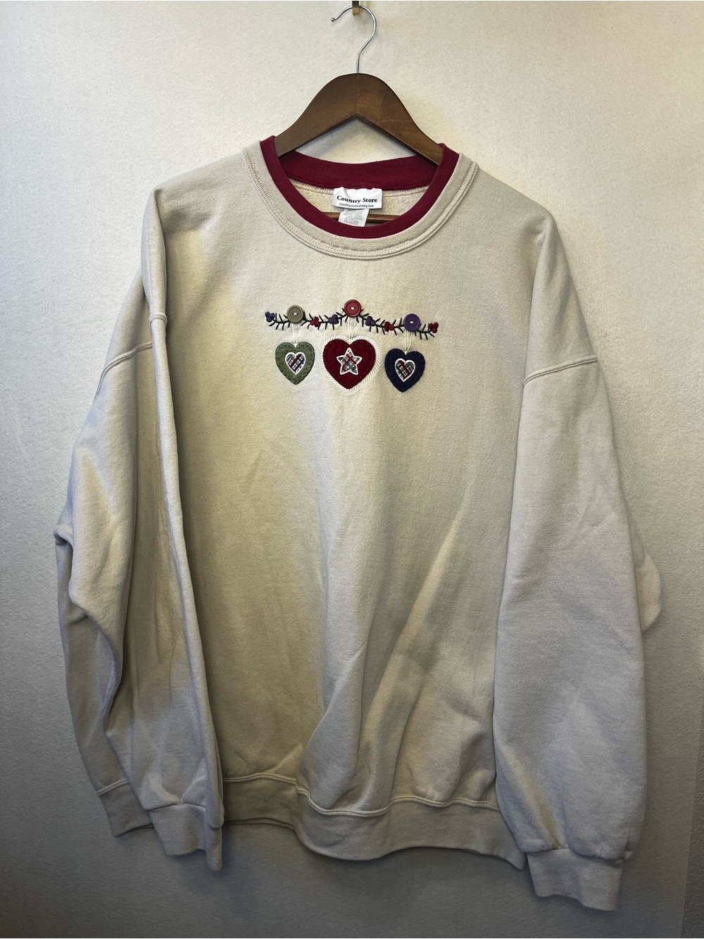Cream Crewneck Sweatshirt With Embroidered Hearts - Unbranded